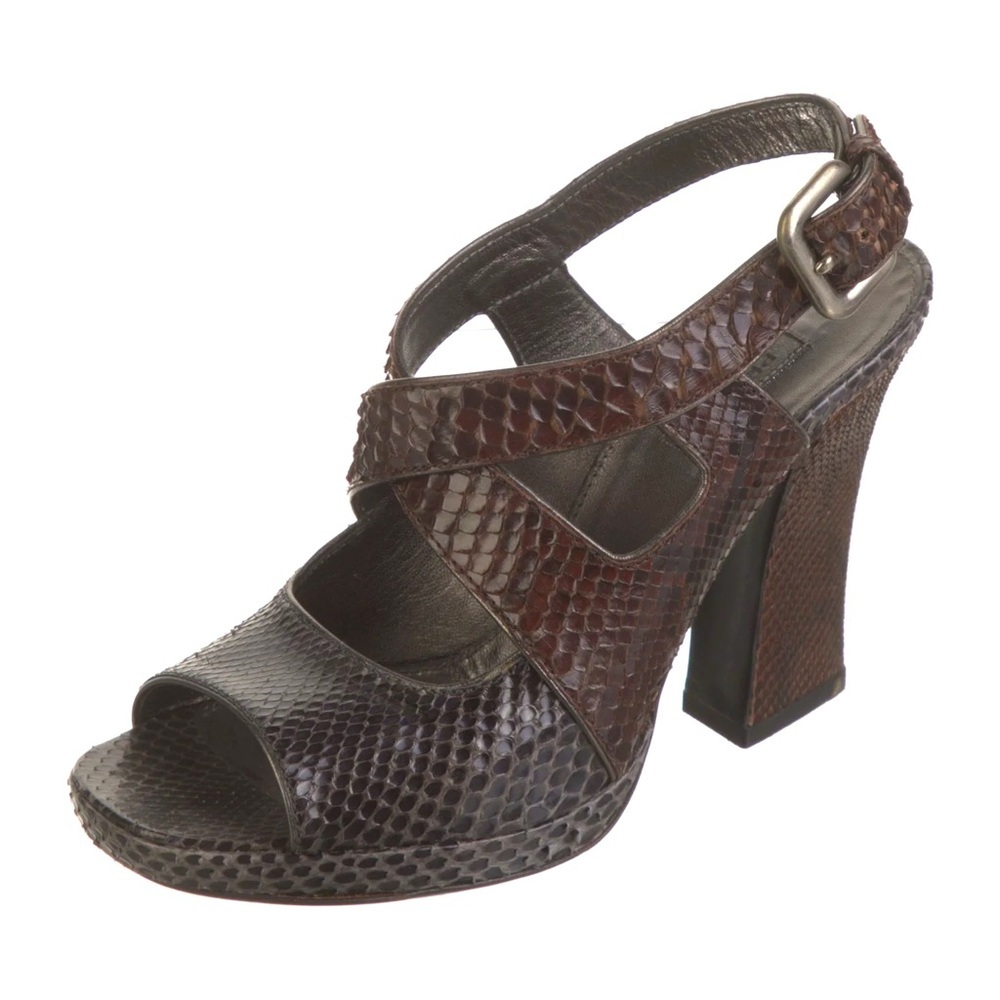 * Prada Chocolate Brown Snakeskin Heeled Sandals Size 36.5